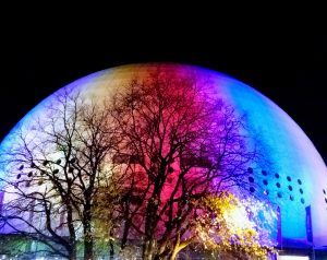 The Globe looking beautiful and colourful at night